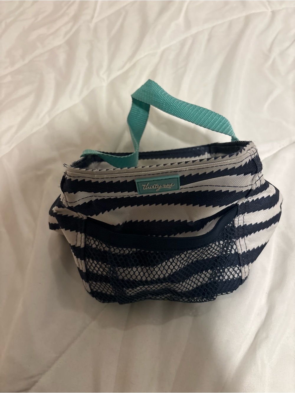 thirty-one Navy and White Striped Tote with Teal Handle- see pictures